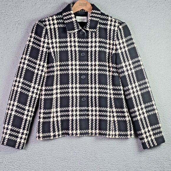 Villager Plaid Blazer Jacket 8 Black White Wool Blend Lined Padded Shoulder - Picture 2 of 14